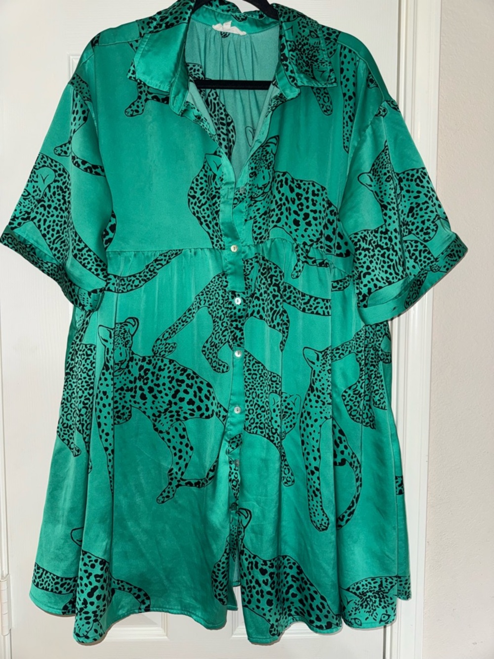 Entro Teal Button-Front Leopard Print Dress